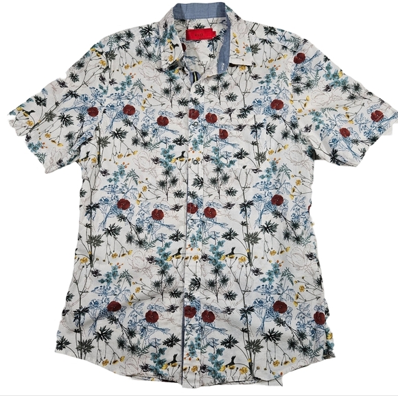 Project Red Men's 100% Cotton Short Sleeve Button Down, White Floral, Medium - Picture 1 of 13
